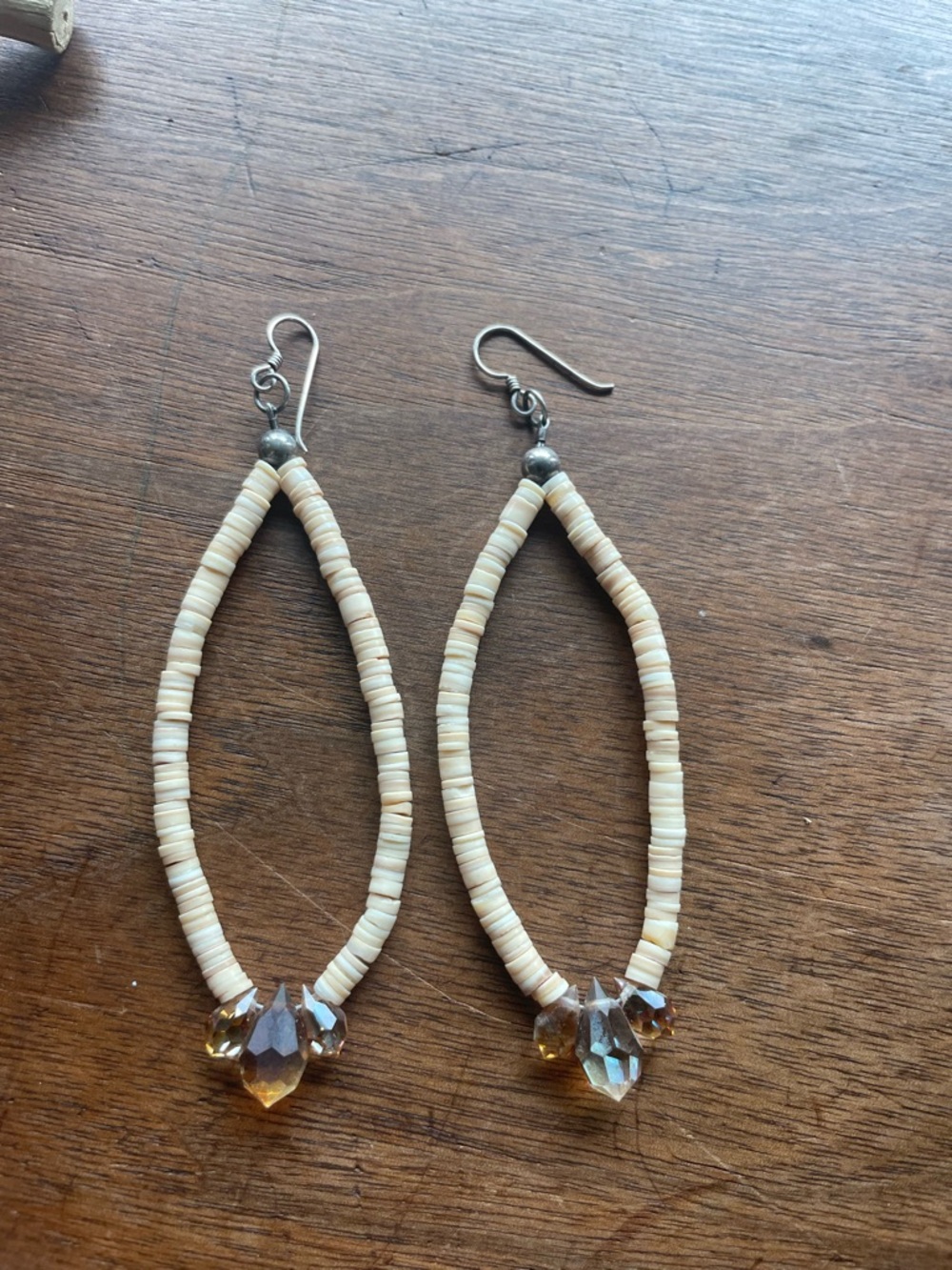 Sterling Native American Heshi Handmade Cream Beaded Earrings with Amber Crystal